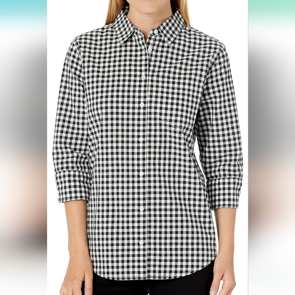 Gingham black & white plaid 3/4 sleeve checkered button up blouse size small - Picture 1 of 10
